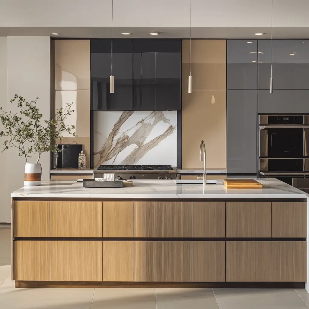 A contemporary kitchen featuring a combination of wood and glossy beige and black cabinetry. The large island has a white marble countertop, a minimalist sink with a sleek faucet, and wood paneling for a warm contrast. A dramatic marble backsplash with bold veining adds a luxurious touch, complemented by built-in black stainless steel appliances. Pendant lighting and recessed ceiling lights enhance the modern and sophisticated aesthetic.